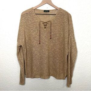 LRL Lauren Ralph Lauren Linen Blend Light Sweater Leather Lace Up Tie Size L